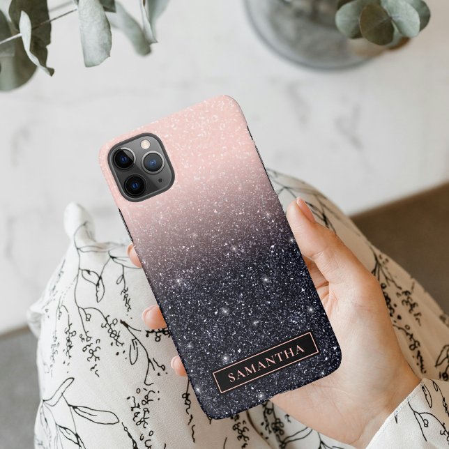 Modern Black & Pink Glitter Sparkles Name iPhone Case (Creator Uploaded)