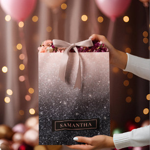 Modern Black & Pink Glitter Sparkles Name Large Gift Bag