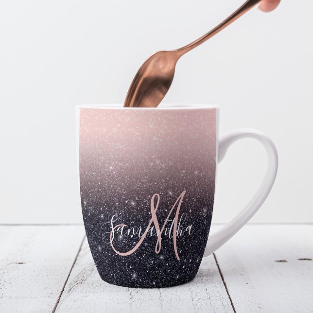 Modern Black & Pink Glitter Sparkles Name  Latte Mug (Creator Uploaded)