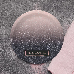 Modern Black & Pink Glitter Sparkles Name Paper Plate