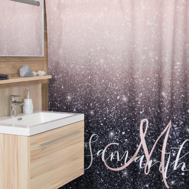Modern Black & Pink Glitter Sparkles Name  Shower Curtain (Creator Uploaded)