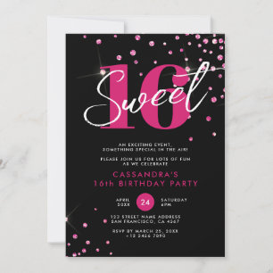 Modern Black Pink Glitter Sweet Sixteen Birthday Invitation