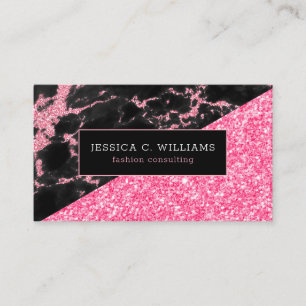 Modern Black & Pink Marble & Pink Glitter Business Card
