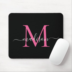 Modern Black Pink Monogram Elegant Girly Script Mouse Pad