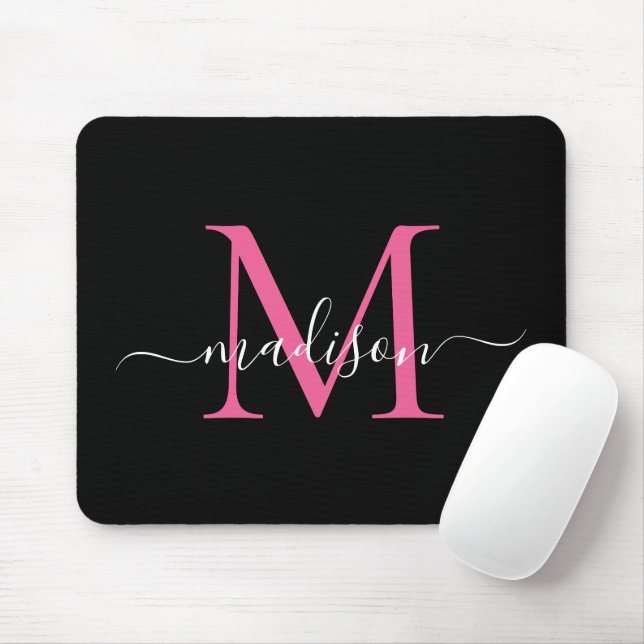 Modern Black Pink Monogram Elegant Girly Script Mouse Pad (With Mouse)
