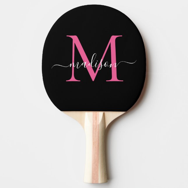 Modern Black Pink Monogram Elegant Script Name Ping Pong Paddle (Front)