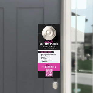 Modern Black & Pink Notary Public QR Marketing Door Hanger