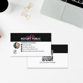 Modern Black Pink Notary Signing business QR Code Business Card