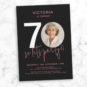 Modern Black Pink Photo 70th Birthday  Invitation