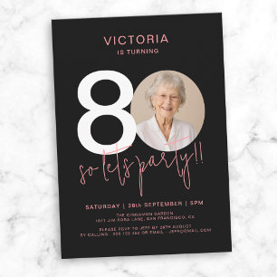 Modern Black Pink Photo 80th Birthday Invitation
