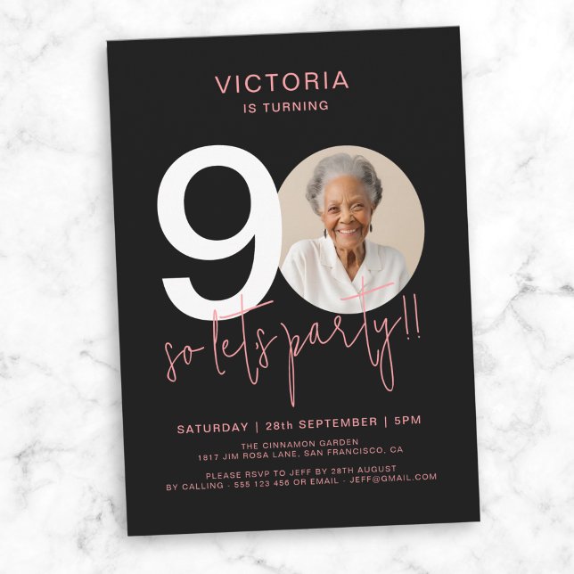 Modern Black Pink Photo 90th Birthday  Invitation (Modern Black Pink Photo 90th Birthday Invitation)