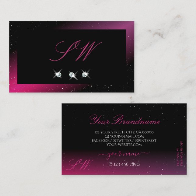 Modern Black Pink Purple Sparkle Diamonds Initials Business Card (Front/Back)