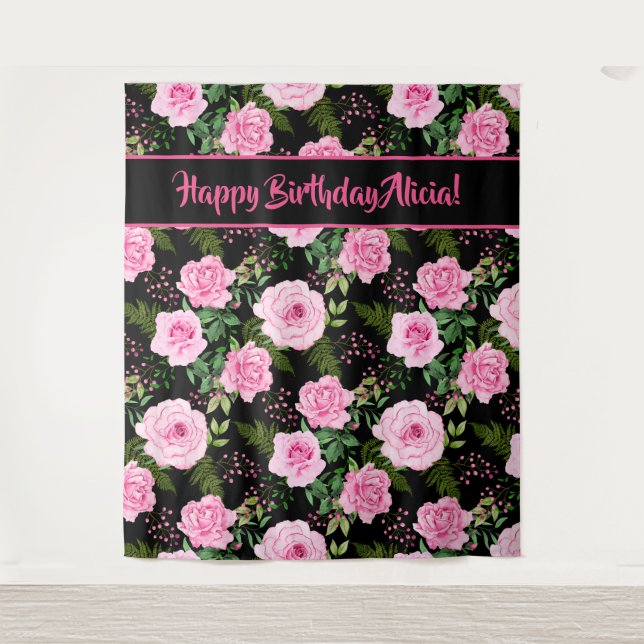 Modern Black Pink Roses Happy Birthday Tapestry (Front)