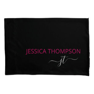 Modern Black Pink Simple Script Monogram Name   Pillowcase