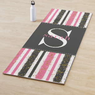 Modern Black Pink Stripe Glitter Monogram Yoga Mat