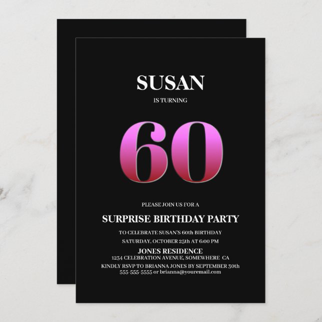 Modern Black Pink Surprise 60th Birthday Invitation (Front/Back)