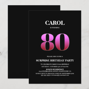 Modern Black Pink Surprise 80th Birthday Invitation
