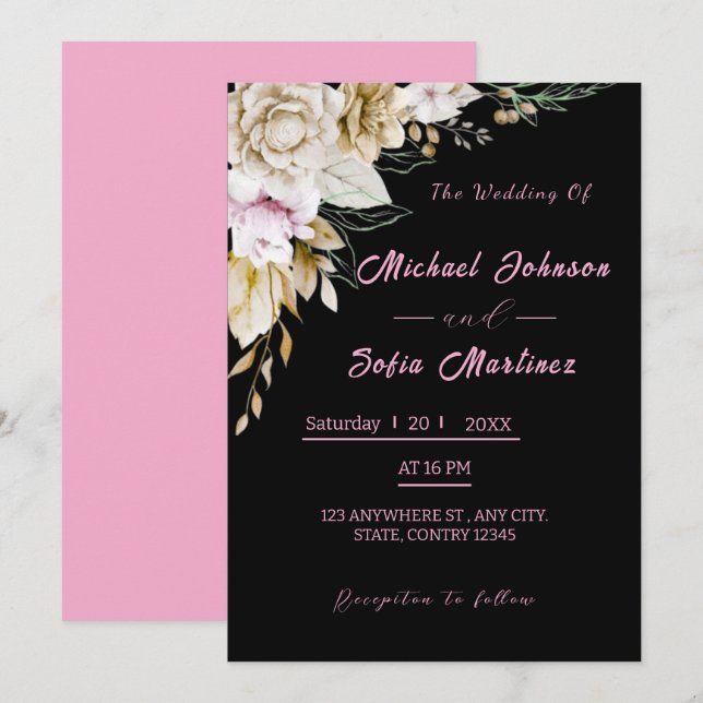Modern Black & Pink Wedding Invite | Chic Love (Front/Back)