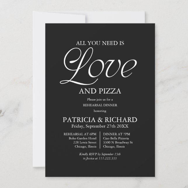 Modern Black Pizza Wedding Rehearsal Invitation (Front)