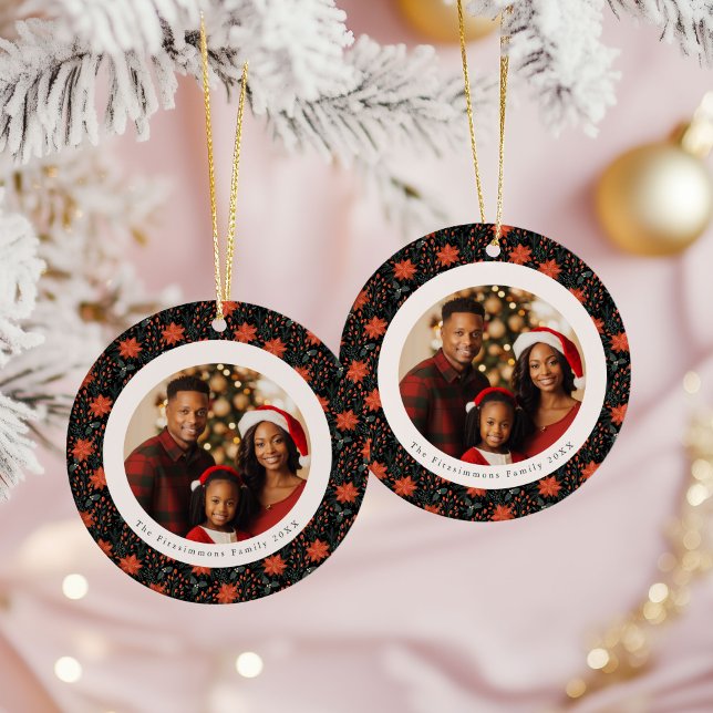 Modern Black Poinsettia 2 Sided Photo Christmas Ceramic Ornament (Poinsettia Season Double Sided Photo Christmas Ornament black)