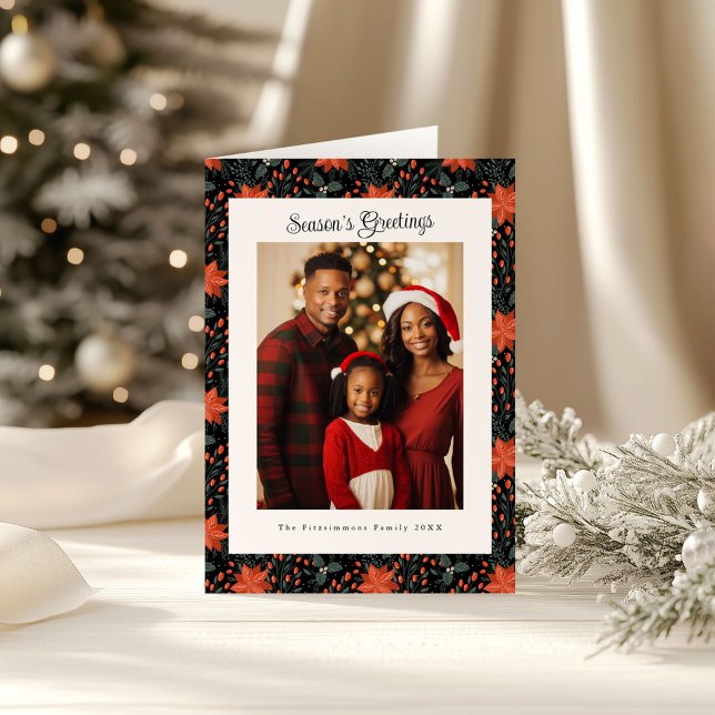 Modern Black Poinsettia Photo Christmas Card (Poinsettia Season Folded Christmas Card black)