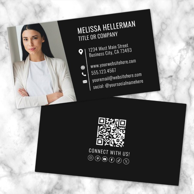 Modern Black Professional QR Code Photo Business Card (Red Modern Photo Logo Professional Business Card )