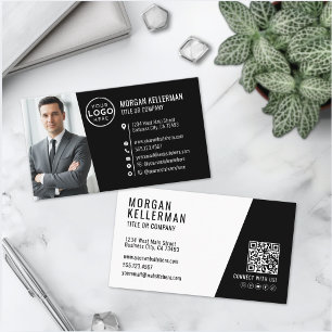 Modern Black Professional QR Code Photo Logo Business Card