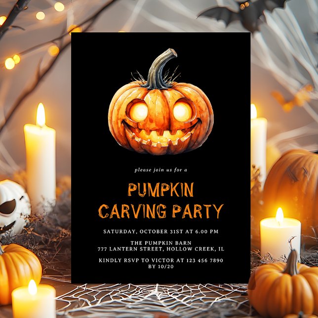 Modern Black Pumpkin Carving Party Halloween Invitation (Creator Uploaded)