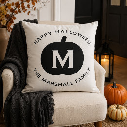 Modern Black Pumpkin Monogram Happy Halloween Cushion
