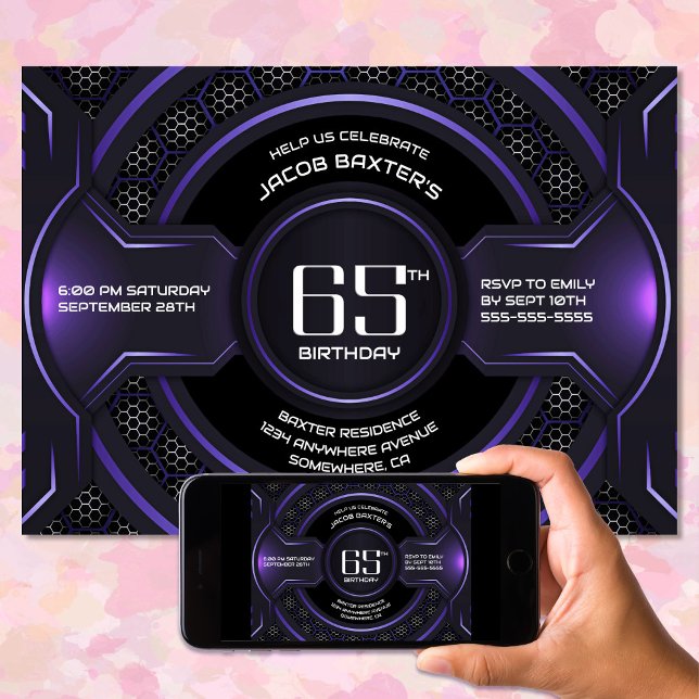 Modern Black Purple 65th Birthday Party Invitation (Creator Uploaded)