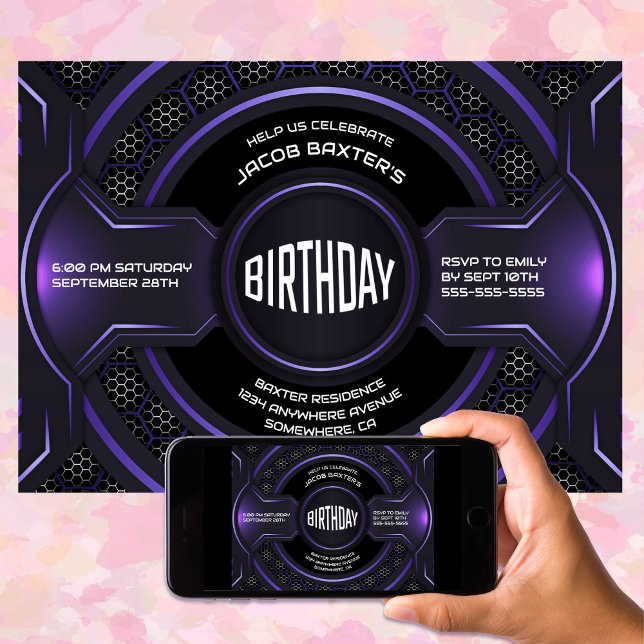 Modern Black Purple Any Age Birthday Party Invitation (Creator Uploaded)
