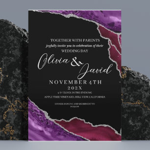 Modern Black Purple & Burgundy Agate Wedding  Invitation