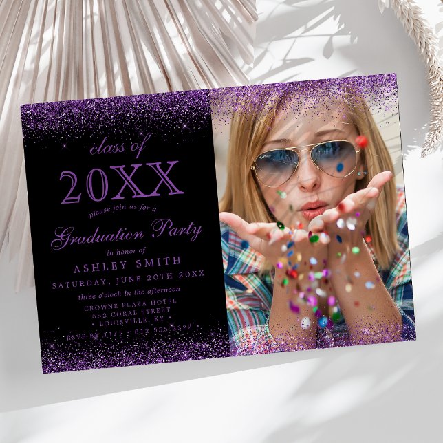 Modern Black Purple Glitter Photo Graduation Invitation (Creator Uploaded)