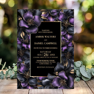 Modern Black Purple Grey Floral Wedding Invitation