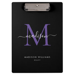 Modern Black Purple Monogram Elegant Script Name Clipboard