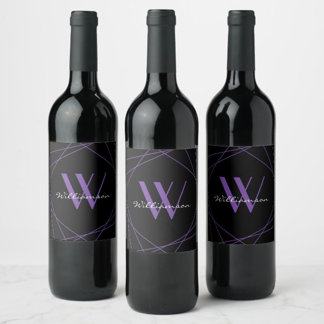 Modern Black Purple Monogram Geometric Name Script Wine Label (Bottles)