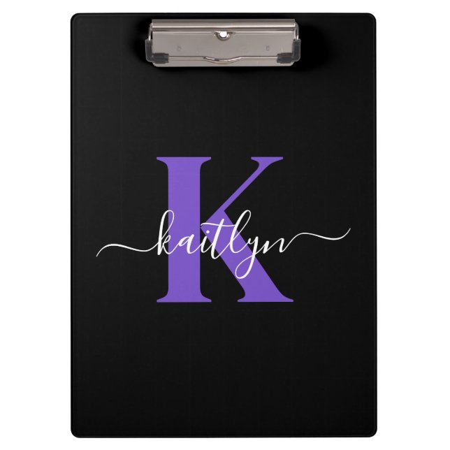 Modern Black Purple Script Monogram Clipboard (Front)
