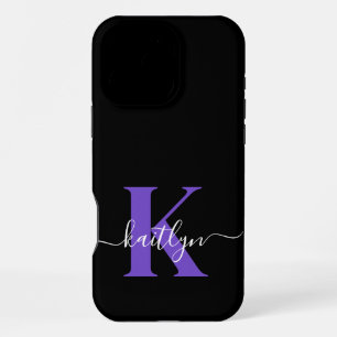 Modern Black Purple Script Monogram iPhone 16 Pro Max Case