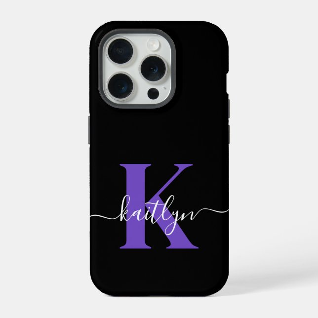 Modern Black Purple Script Monogram iPhone Case (Back)