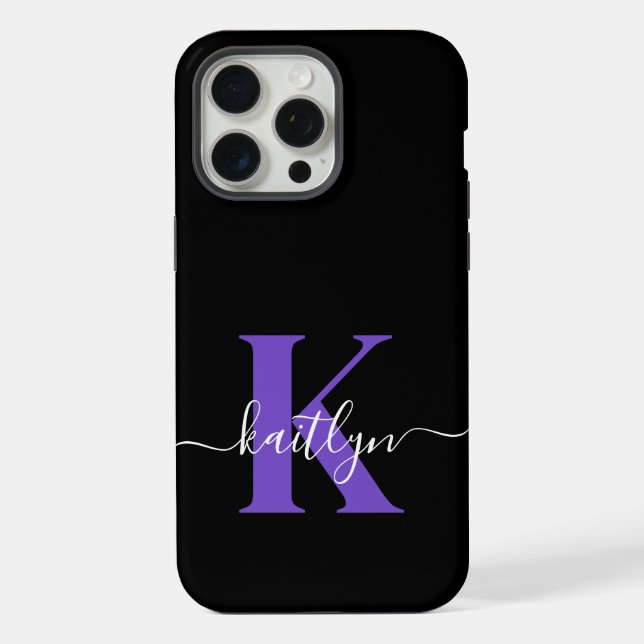 Modern Black Purple Script Monogram iPhone Case (Back)