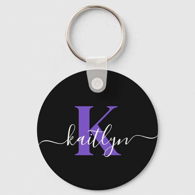 Modern Black Purple Script Monogram Key Ring (Front)