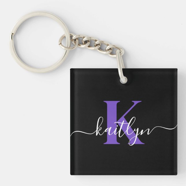Modern Black Purple Script Monogram Key Ring (Front)