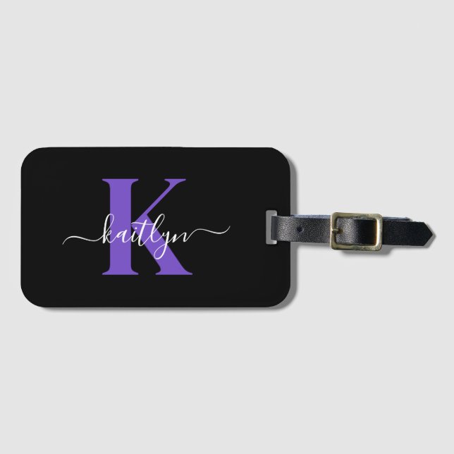 Modern Black Purple Script Monogram Luggage Tag (Front Horizontal)