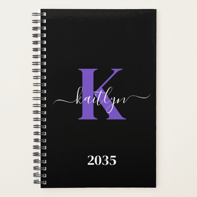 Modern Black Purple Script Monogram Planner (Front)