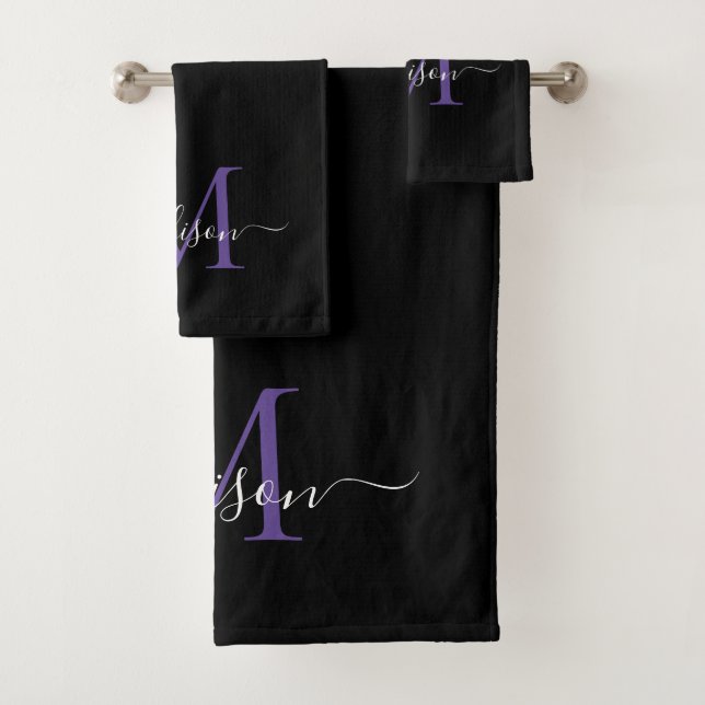 Modern Black Purple Violet Monogram Script Name Bath Towel Set (Insitu)