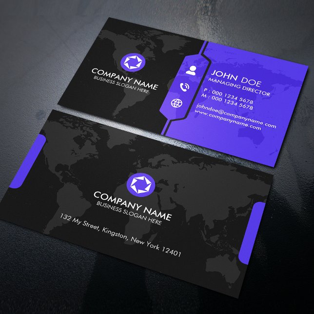 Modern Black & Purple World Map Corporate Business Card (Creator Uploaded)
