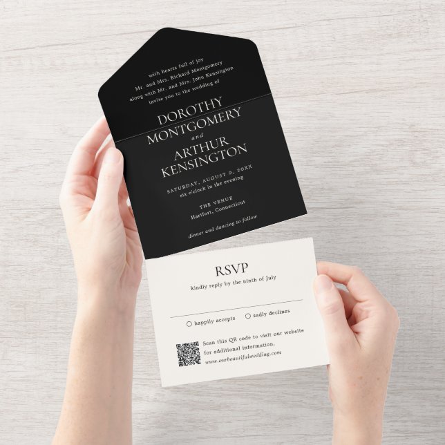 Modern Black QR Code Elegant Wedding All In One Invitation (Tearaway)