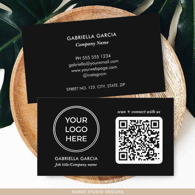 Modern Black QR Code Logo Business Card (Add your logo and business contact information. Enter URL to create QR Code)
