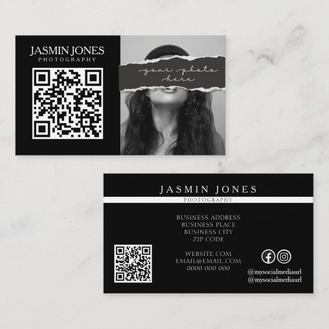 Modern Black QR Code Photo Business Card (Front/Back)