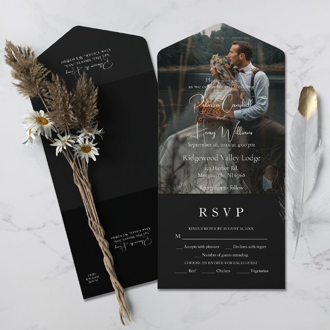 Modern Black QR Code | Photo | Entree RSVP Wedding All In One Invitation (Simplify your wedding with our all-in-one invitation – convenience and beauty in a single card.)
